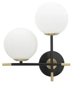 Applique murale double design simple métal Noir et doré avec sphères en verre Blanc