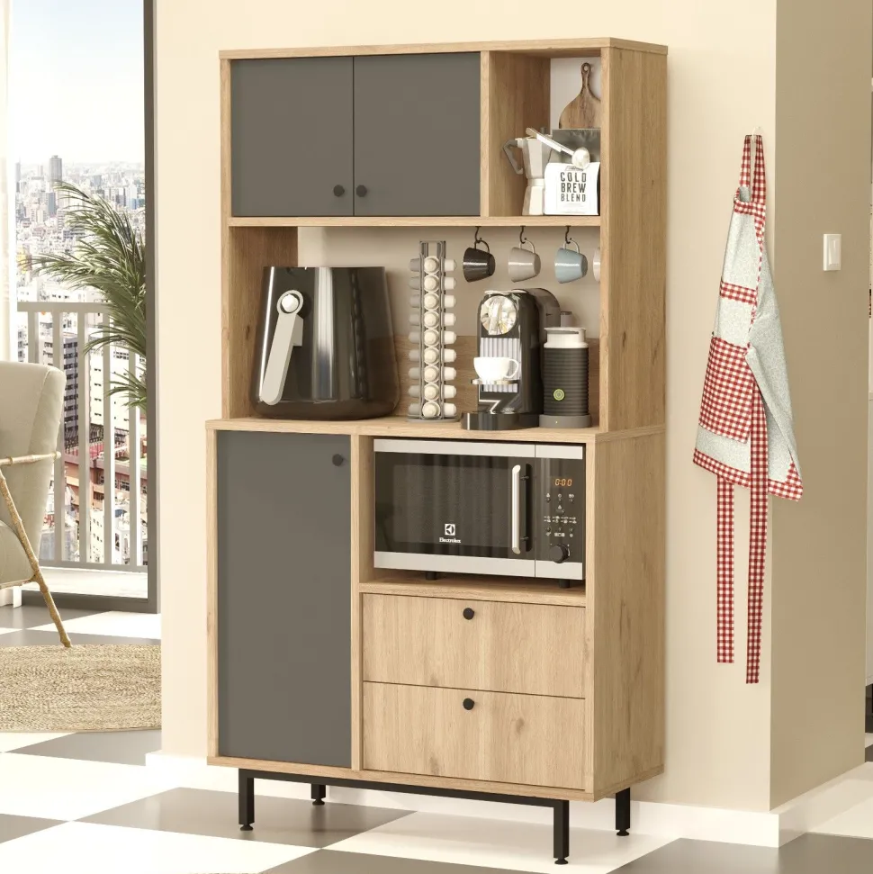 Armoire de cuisine moderne 4 portes et 2 tiroirs Axyl L88xH161,2cm Bois et Anthracite