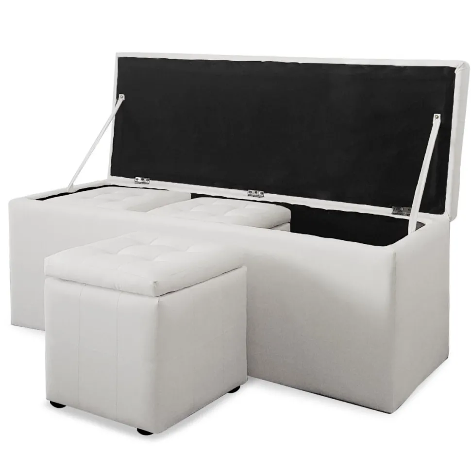 Banc Coffre Panky XL + 3 poufs Blanc