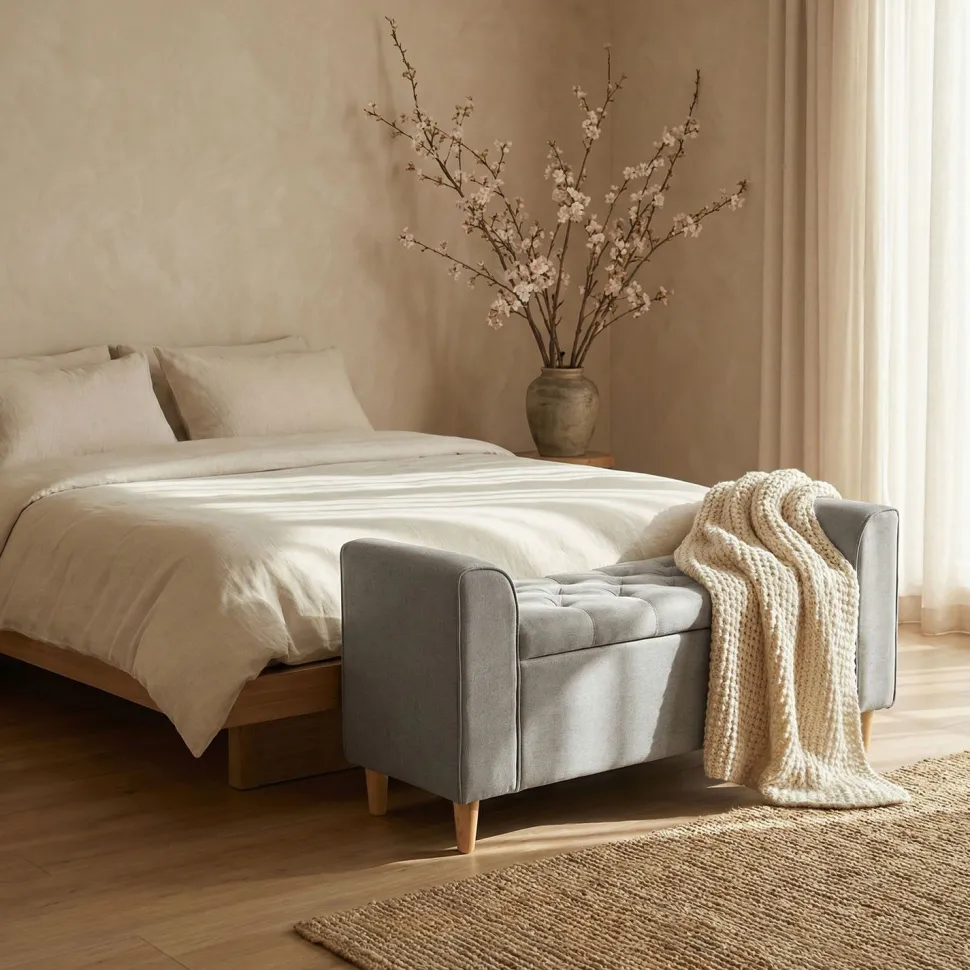 Banc coffre Winnie Tissu Gris clair
