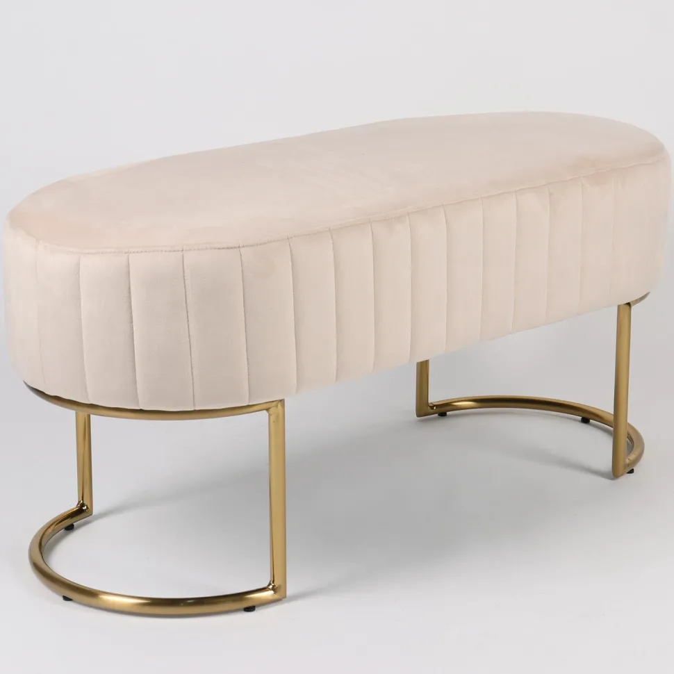 Banquette élégante matelassée Philomena pieds métal doré et Velours Beige