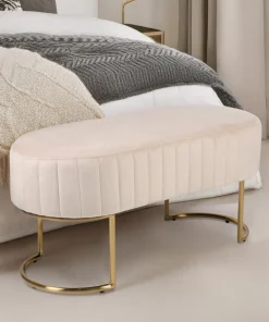 Banquette élégante matelassée Philomena pieds métal doré et Velours Beige
