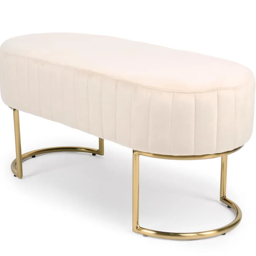 Banquette élégante matelassée Philomena pieds métal doré et Velours Beige