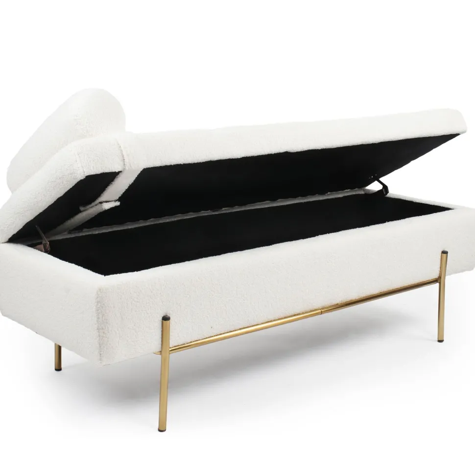 Banquette-coffre moderne Hepburn L140cm Tissu bouclette Blanc
