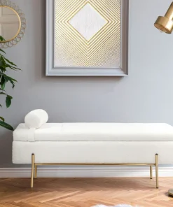 Banquette-coffre moderne Hepburn L140cm Tissu bouclette Blanc