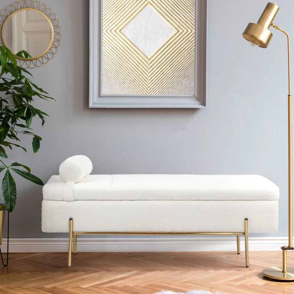 Banquette-coffre moderne Hepburn L140cm Tissu bouclette Blanc