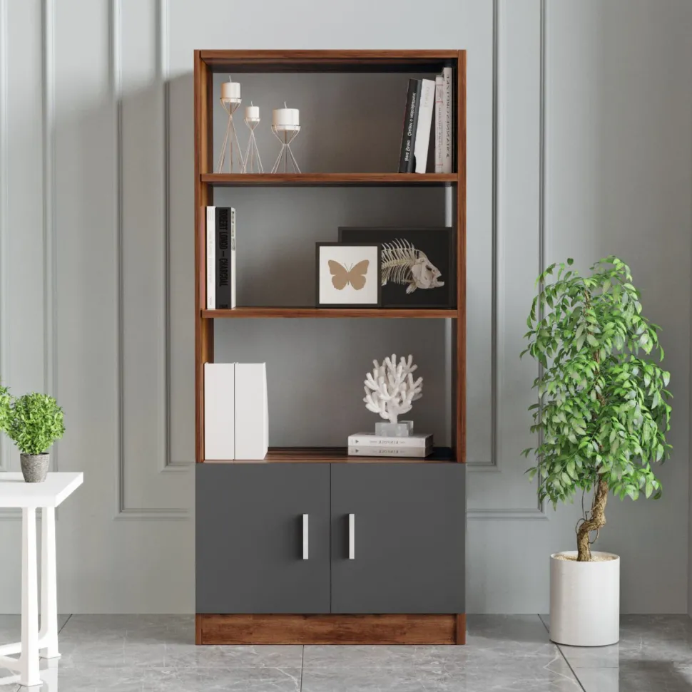 Bibliothèque moderne Busymo Chêne foncé et Gris