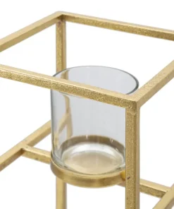 Bougeoir en métal doré et verre transparent carré