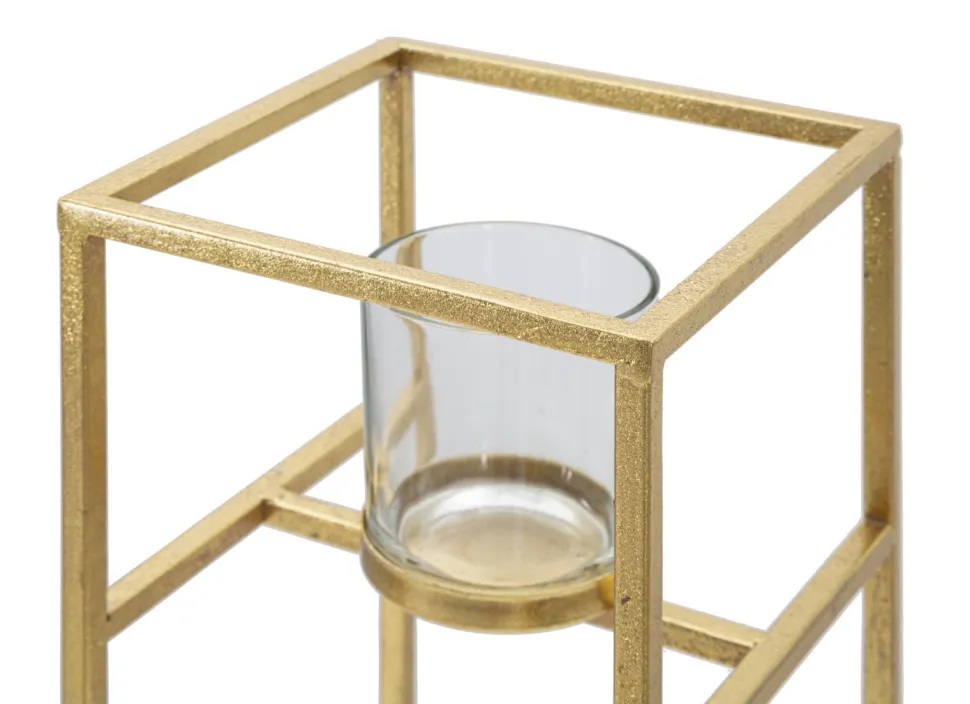Bougeoir en métal doré et verre transparent carré