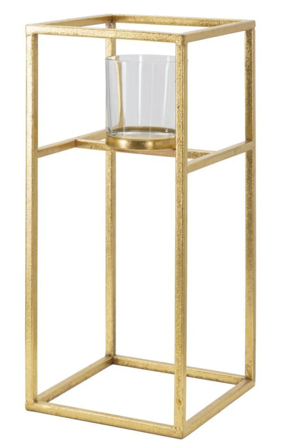 Bougeoir en métal doré et verre transparent carré