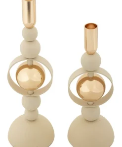 Bougeoirs Saturn en céramique Crème avec détails dorés - Lot de 2