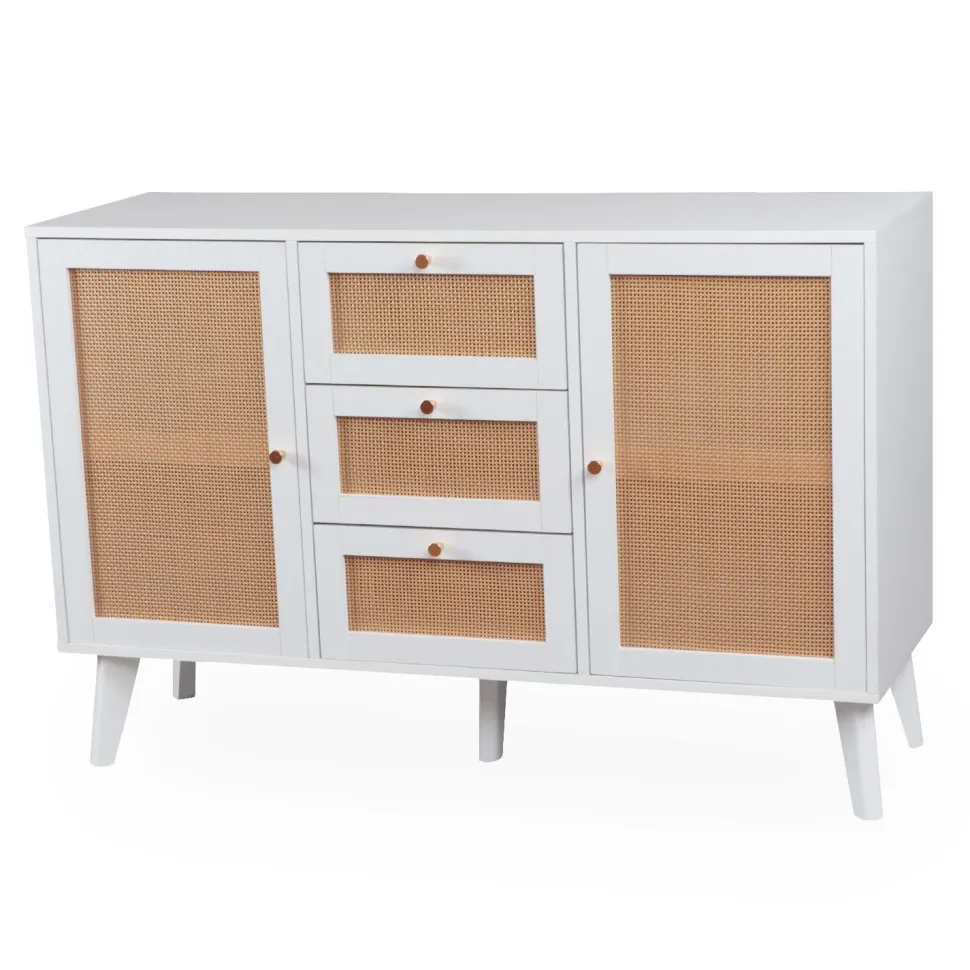 Buffet 3 tiroirs et 2 portes avec cannage Dalgora L120cm Blanc