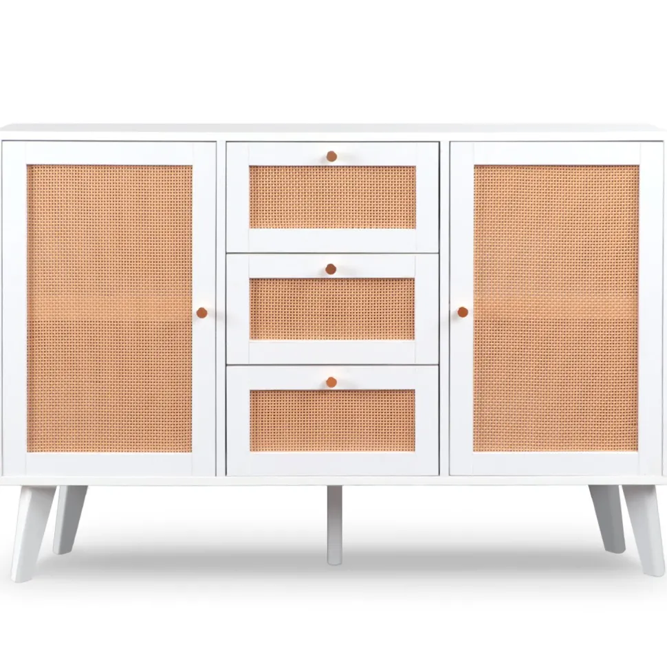 Buffet 3 tiroirs et 2 portes avec cannage Dalgora L120cm Blanc