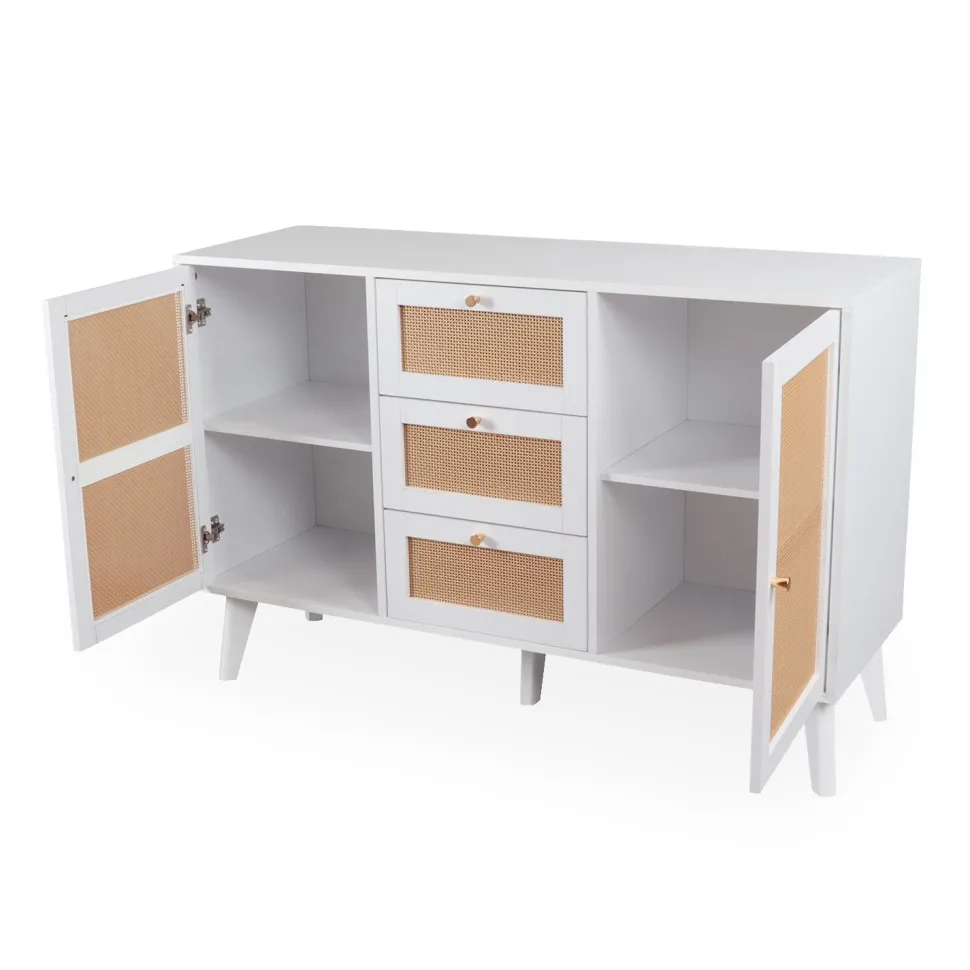 Buffet 3 tiroirs et 2 portes avec cannage Dalgora L120cm Blanc