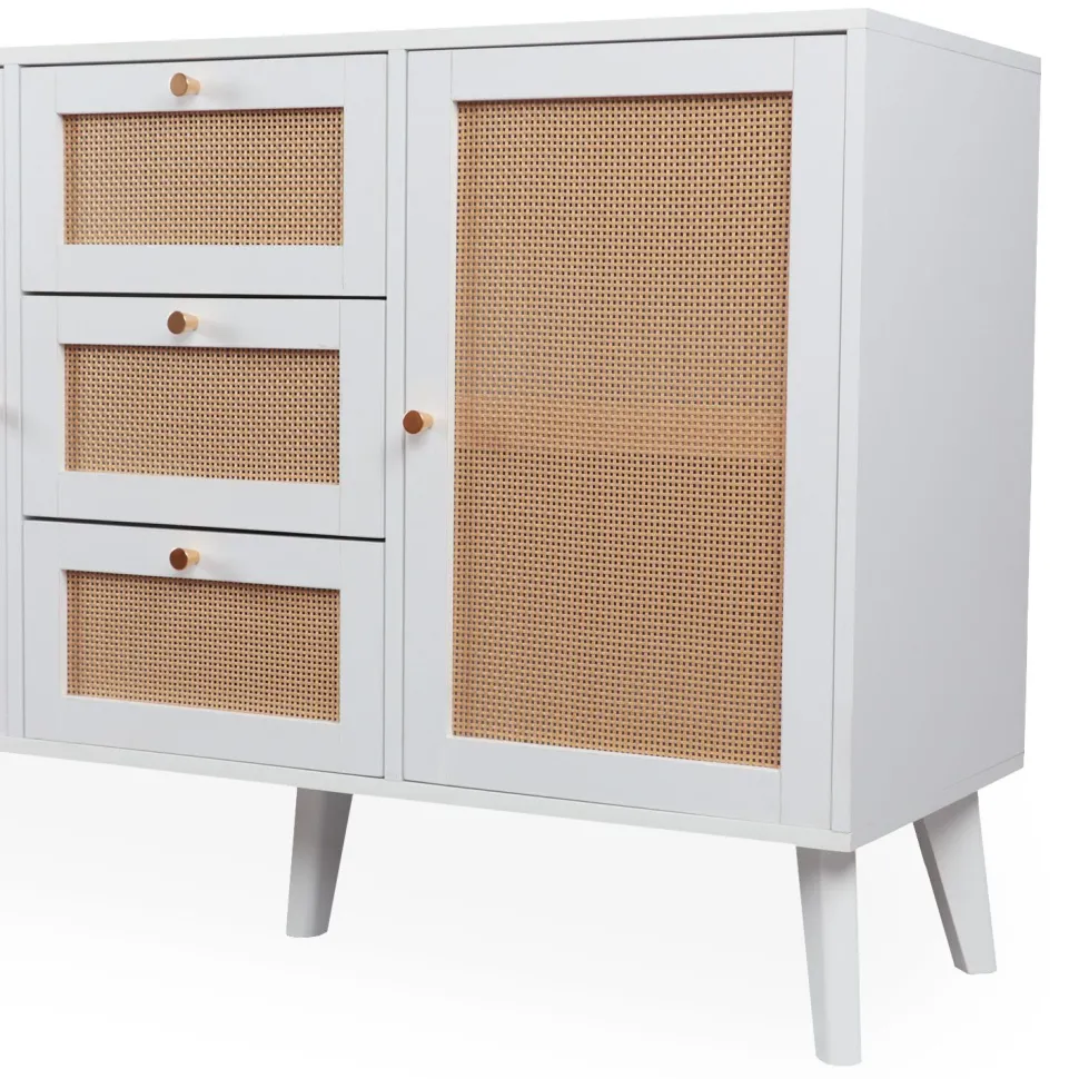 Buffet 3 tiroirs et 2 portes avec cannage Dalgora L120cm Blanc