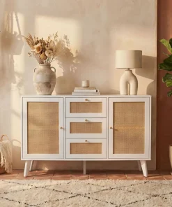 Buffet 3 tiroirs et 2 portes avec cannage Dalgora L120cm Blanc