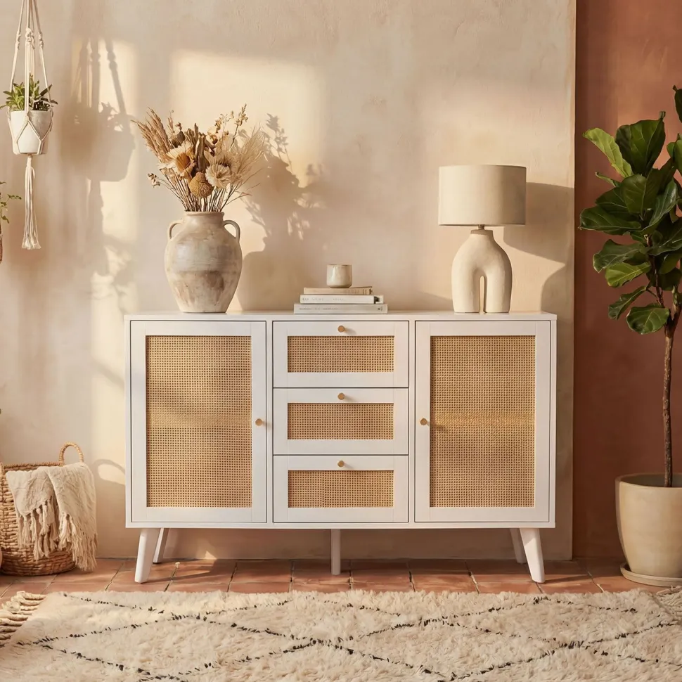 Buffet 3 tiroirs et 2 portes avec cannage Dalgora L120cm Blanc