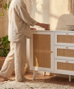 Buffet 3 tiroirs et 2 portes avec cannage Dalgora L120cm Blanc