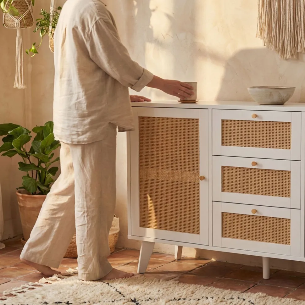 Buffet 3 tiroirs et 2 portes avec cannage Dalgora L120cm Blanc