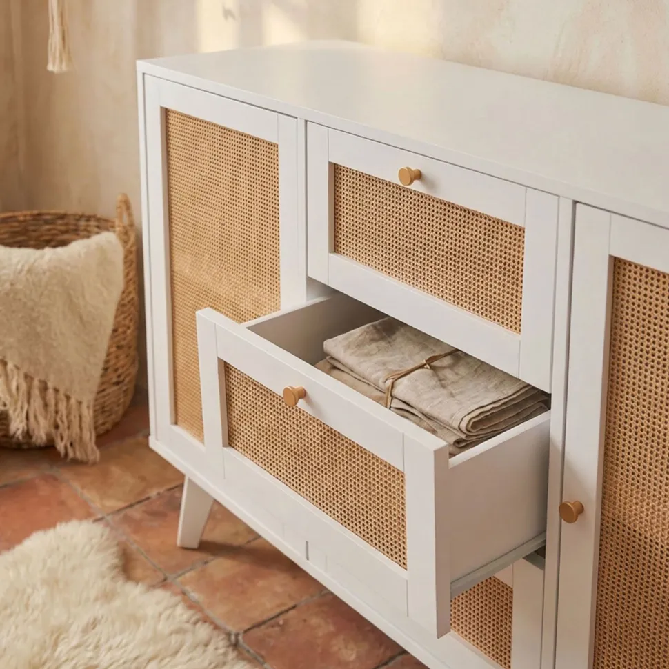 Buffet 3 tiroirs et 2 portes avec cannage Dalgora L120cm Blanc