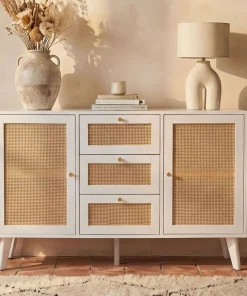 Buffet 3 tiroirs et 2 portes avec cannage Dalgora L120cm Blanc