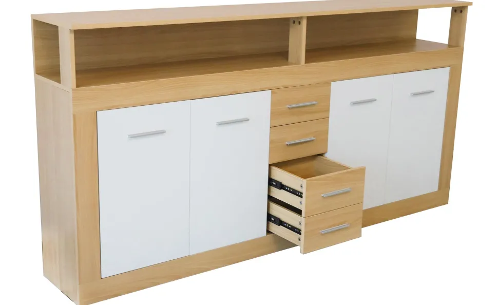 Buffet contemporain L190cm 4 portes er 4 tiroirs Lunata Bois sonoma et Blanc