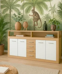 Buffet contemporain L190cm 4 portes er 4 tiroirs Lunata Bois sonoma et Blanc