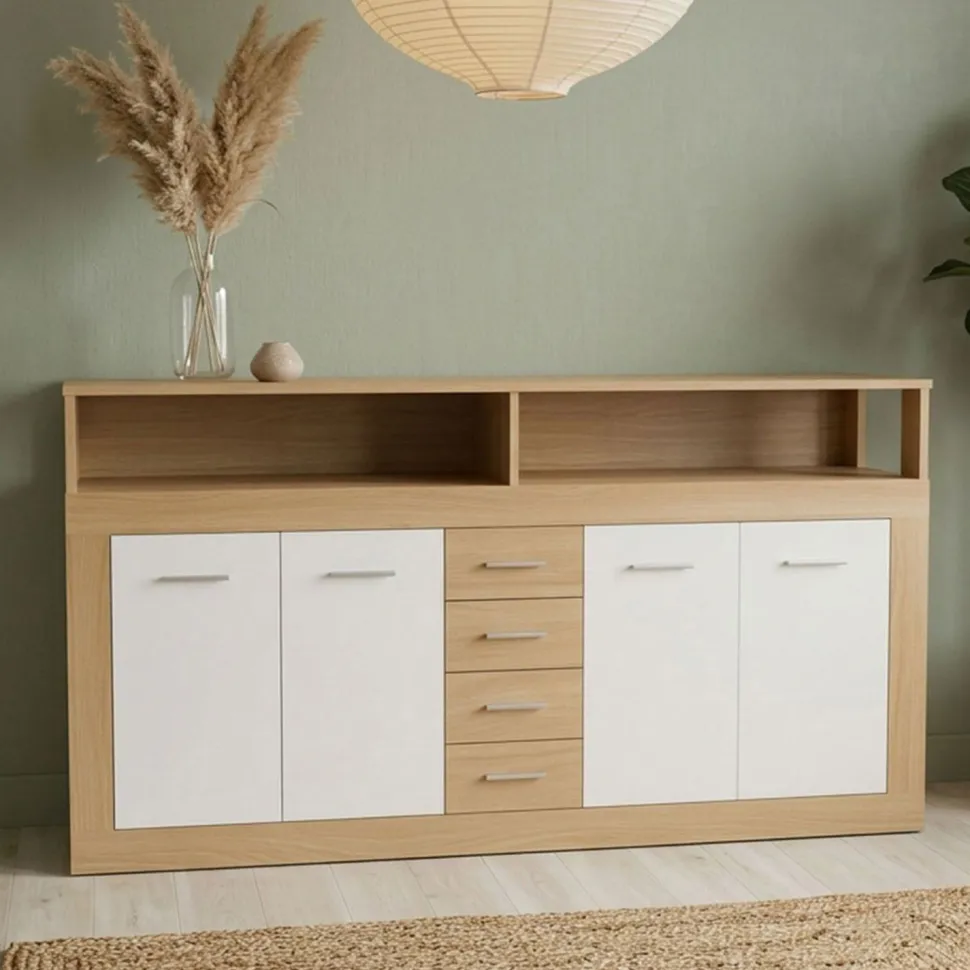 Buffet contemporain L190cm 4 portes er 4 tiroirs Lunata Bois sonoma et Blanc