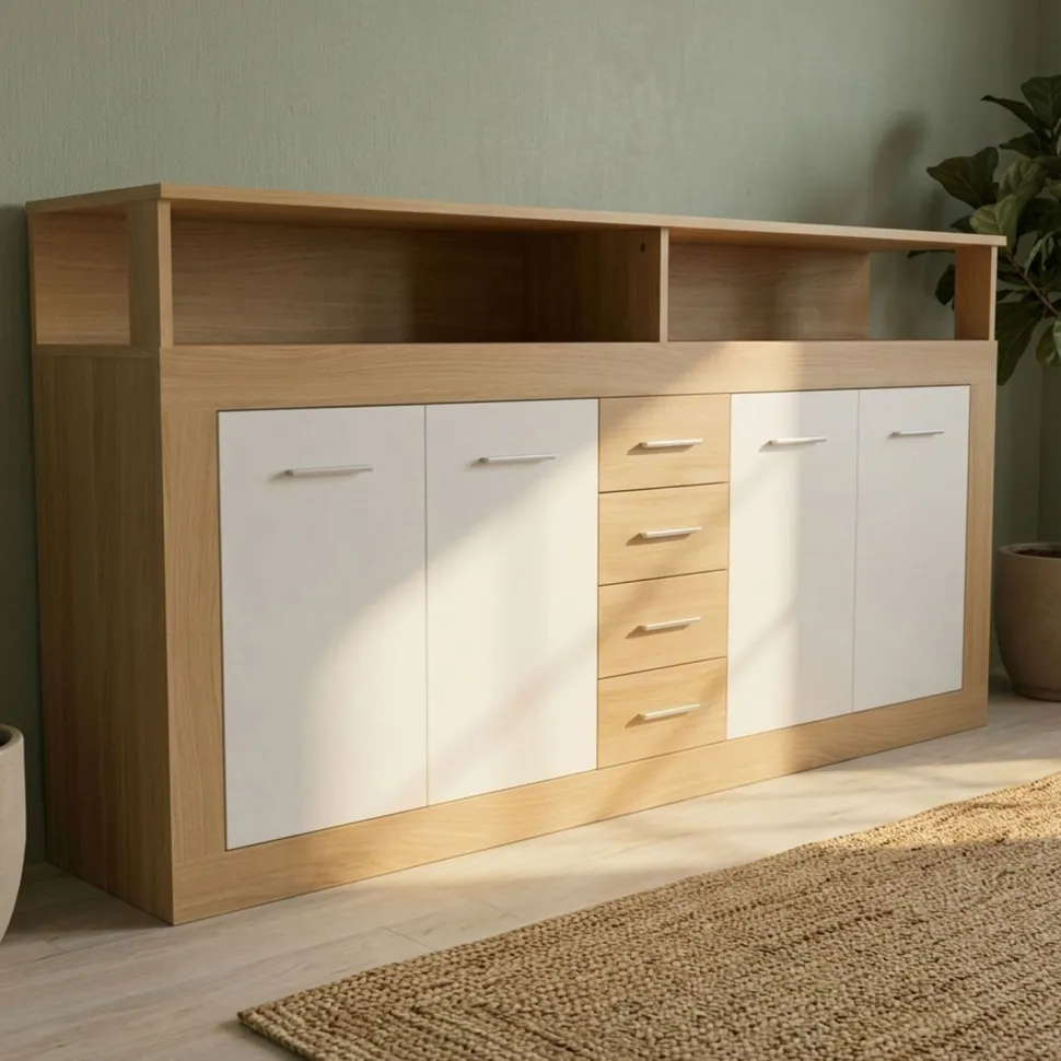 Buffet contemporain L190cm 4 portes er 4 tiroirs Lunata Bois sonoma et Blanc