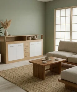 Buffet contemporain L190cm 4 portes er 4 tiroirs Lunata Bois sonoma et Blanc