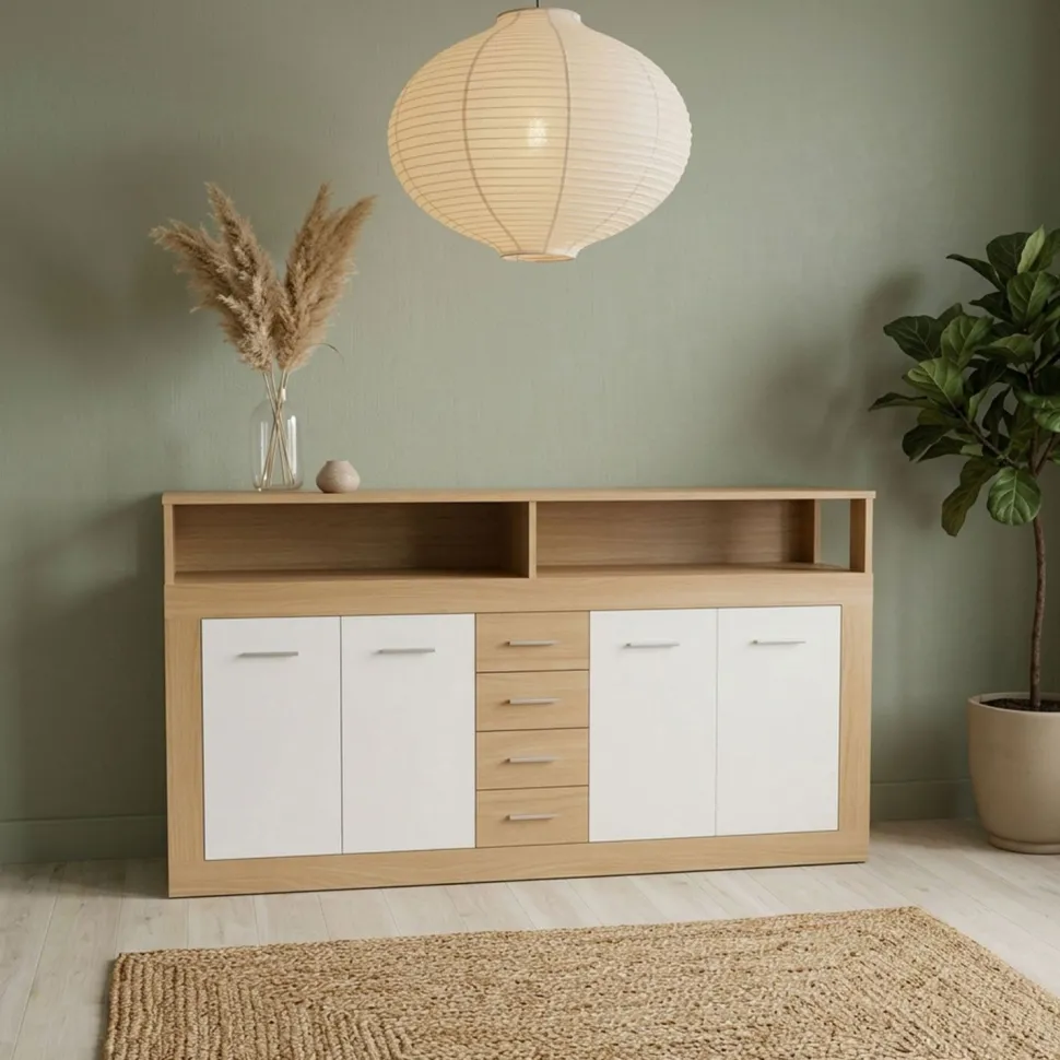 Buffet contemporain L190cm 4 portes er 4 tiroirs Lunata Bois sonoma et Blanc