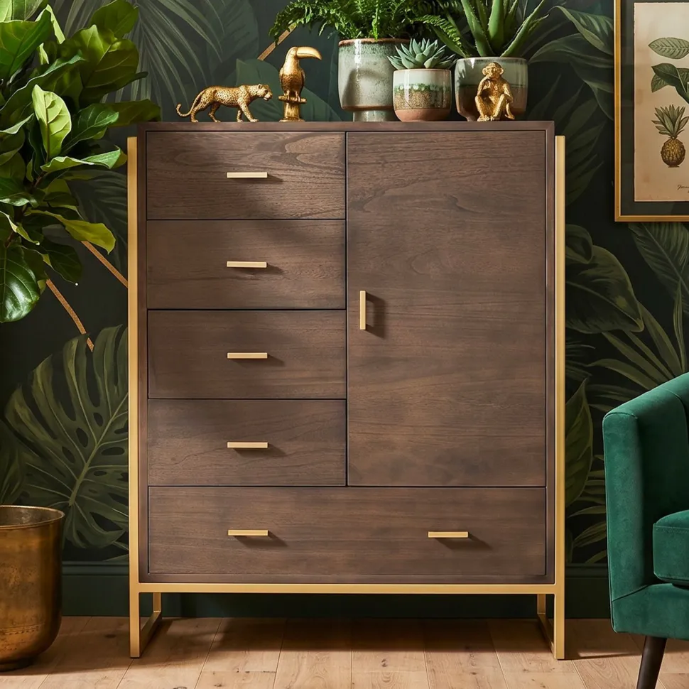 Buffet haut 5 tiroirs et 1 porte Edgar L90cm Bois Marron et Métal Or