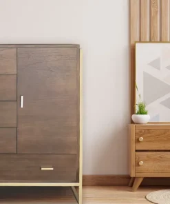 Buffet haut 5 tiroirs et 1 porte Edgar L90cm Bois Marron et Métal Or