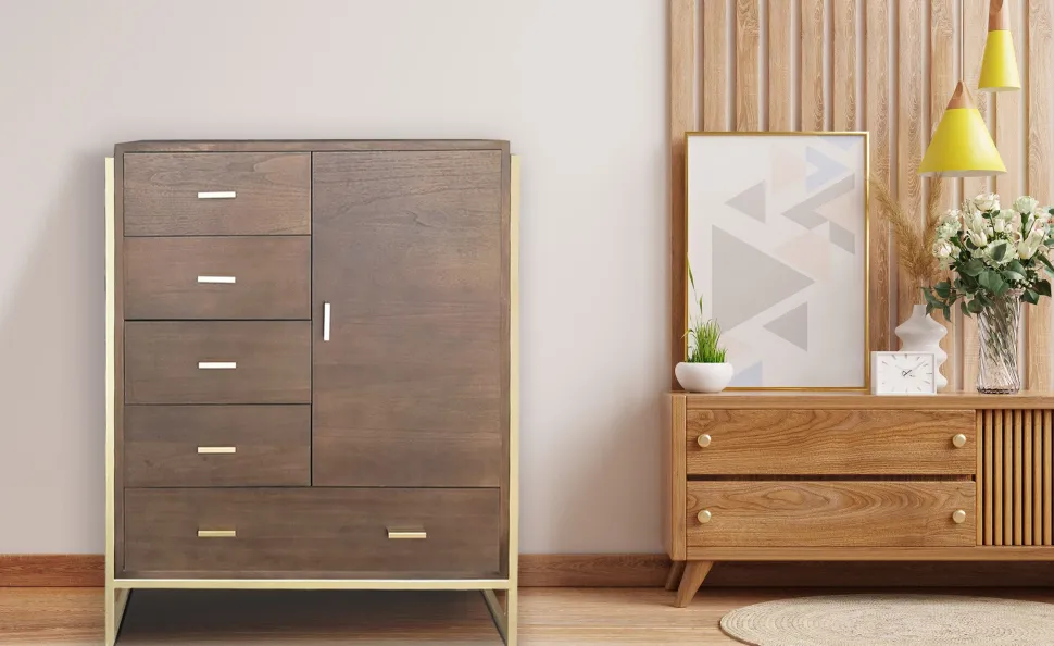 Buffet haut 5 tiroirs et 1 porte Edgar L90cm Bois Marron et Métal Or