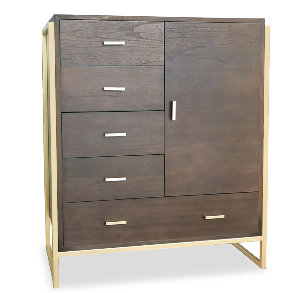 Buffet haut 5 tiroirs et 1 porte Edgar L90cm Bois Marron et Métal Or