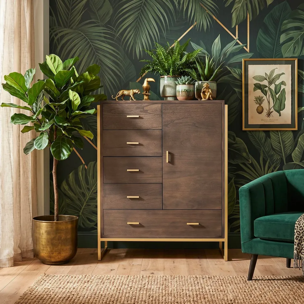 Buffet haut 5 tiroirs et 1 porte Edgar L90cm Bois Marron et Métal Or