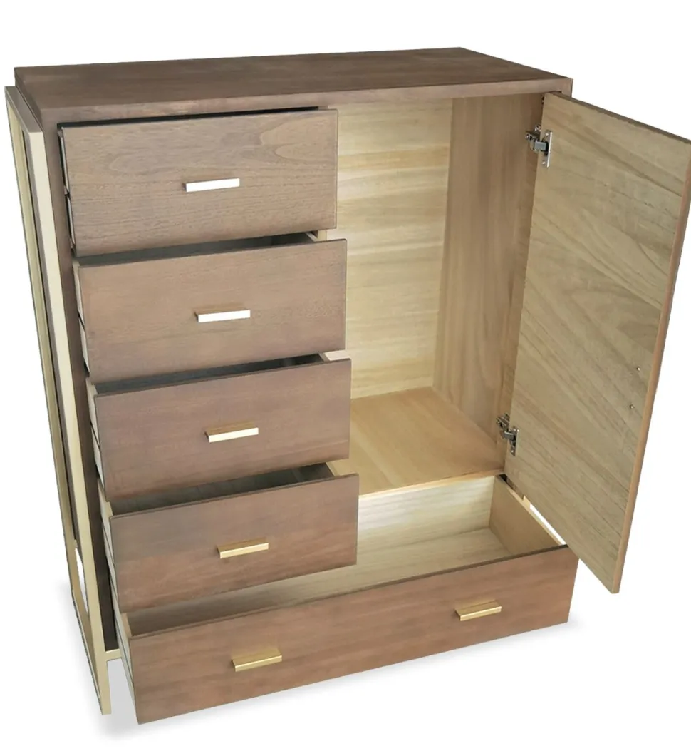Buffet haut 5 tiroirs et 1 porte Edgar L90cm Bois Marron et Métal Or