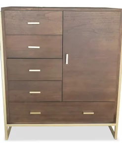 Buffet haut 5 tiroirs et 1 porte Edgar L90cm Bois Marron et Métal Or