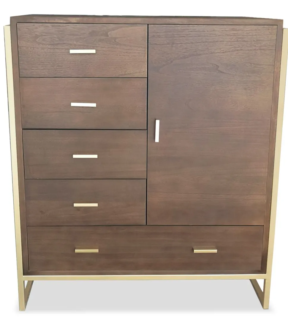Buffet haut 5 tiroirs et 1 porte Edgar L90cm Bois Marron et Métal Or