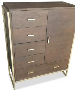 Buffet haut 5 tiroirs et 1 porte Edgar L90cm Bois Marron et Métal Or