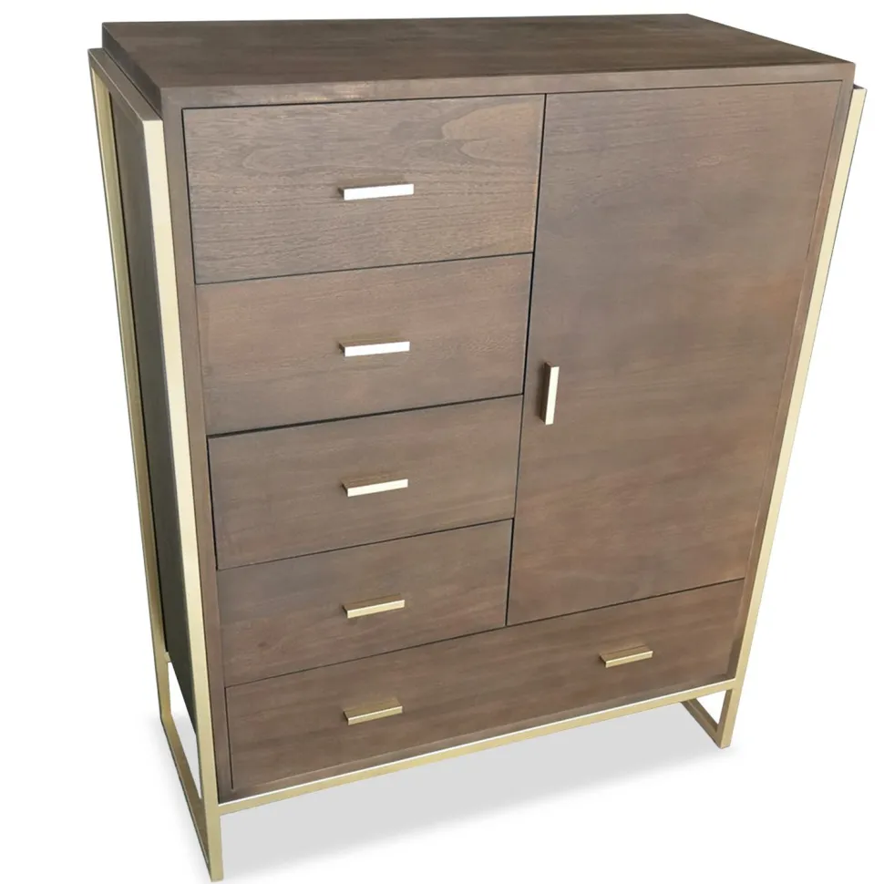 Buffet haut 5 tiroirs et 1 porte Edgar L90cm Bois Marron et Métal Or