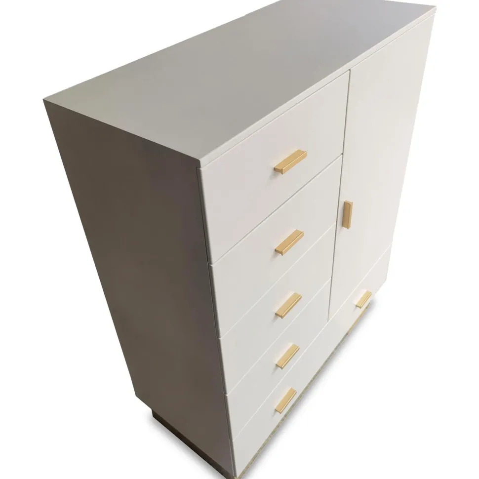Buffet haut moderne 5 tiroirs et 1 porte Nestor Taupe clair et Or