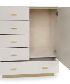 Buffet haut moderne 5 tiroirs et 1 porte Nestor Taupe clair et Or