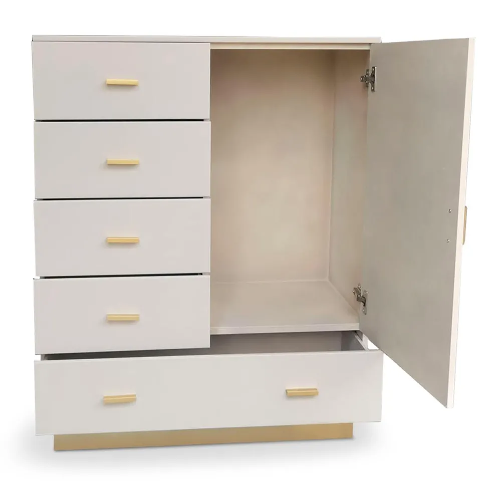 Buffet haut moderne 5 tiroirs et 1 porte Nestor Taupe clair et Or