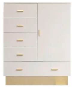 Buffet haut moderne 5 tiroirs et 1 porte Nestor Taupe clair et Or