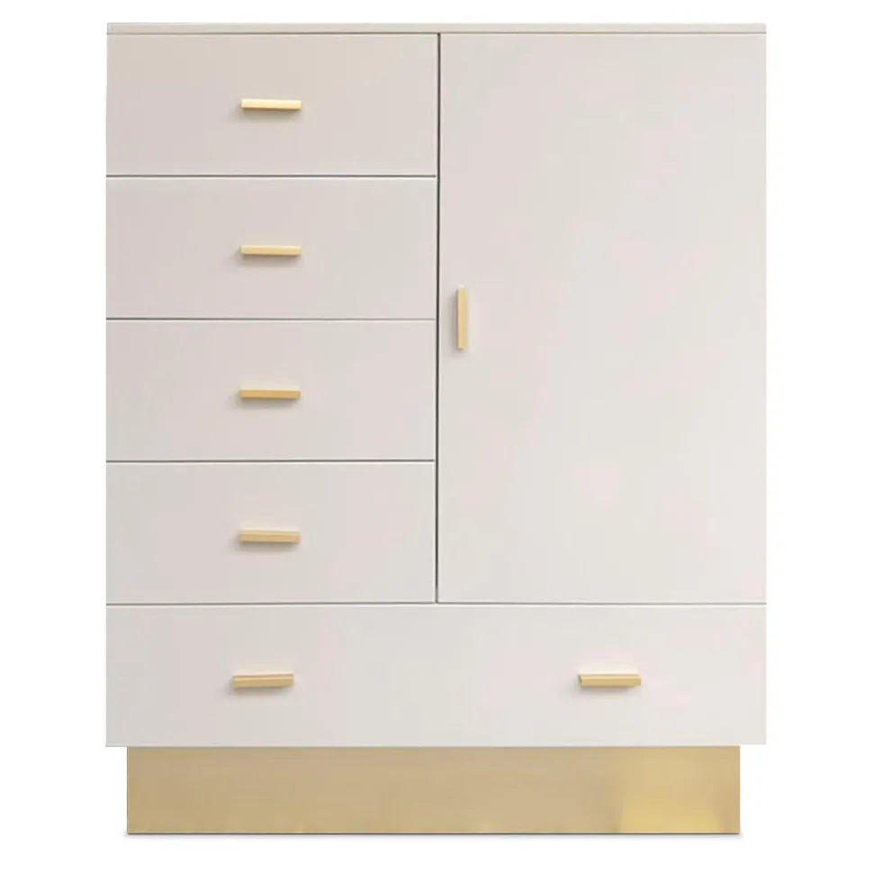 Buffet haut moderne 5 tiroirs et 1 porte Nestor Taupe clair et Or