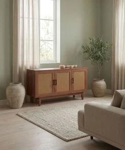 Buffet moderne L113cm Poetis 3 portes avec cannage Rotin et Bois