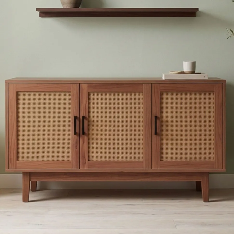 Buffet moderne L113cm Poetis 3 portes avec cannage Rotin et Bois