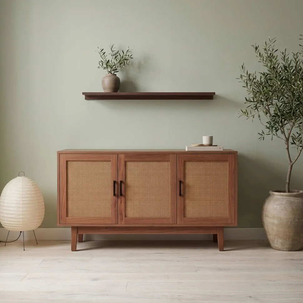 Buffet moderne L113cm Poetis 3 portes avec cannage Rotin et Bois