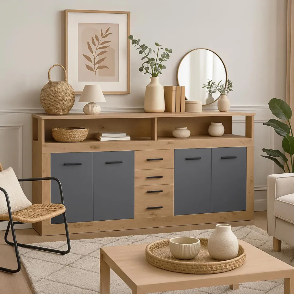 Buffet style industriel L190cm 4 portes er 4 tiroirs Lunata Chêne et Gris